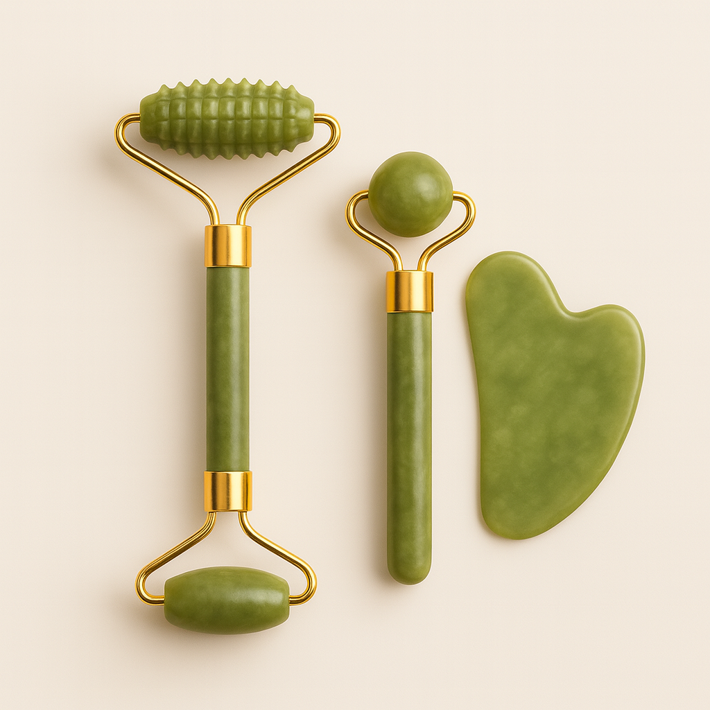 Jade Roller & Gua Sha Yüz Masaj Seti – Doğal Taş Soğuk Terapi