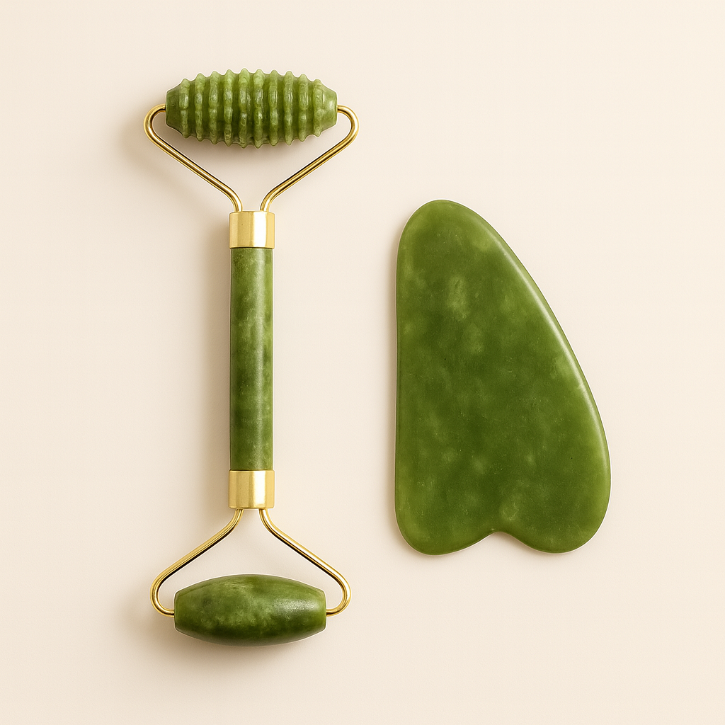 Jade Roller & Gua Sha Yüz Masaj Seti – Doğal Taş Soğuk Terapi